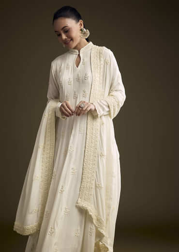 White Chinon Anarkali Suit With Heavy Hand Embroidery
