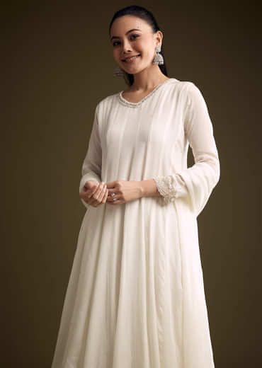 White Chinon Anarkali Suit With Sequin Embroidery