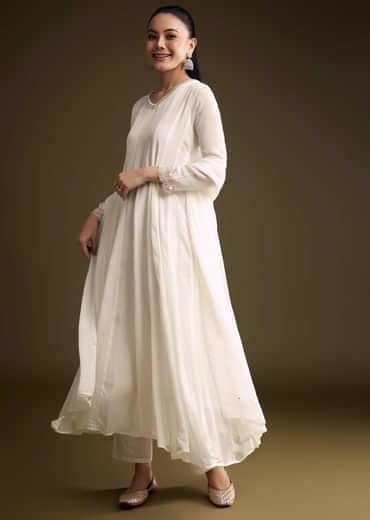 White Chinon Anarkali Suit With Sequin Embroidery