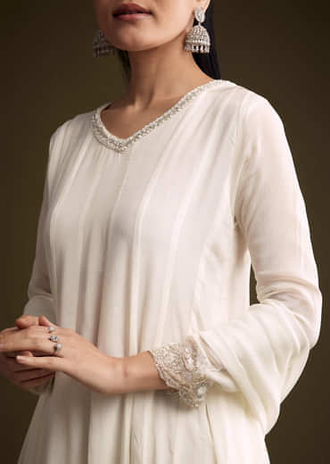 White Chinon Anarkali Suit With Sequin Embroidery