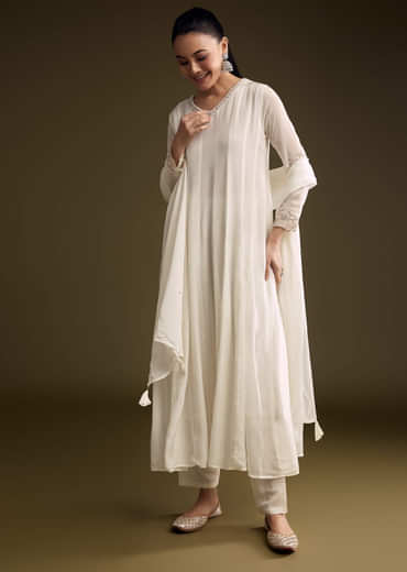 White Chinon Anarkali Suit With Sequin Embroidery