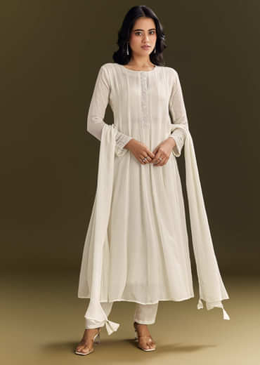 White Chinon Beaded Sequin Anarkali Suit With Dupatta