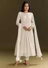 White Chinon Beaded Sequin Anarkali Suit With Dupatta