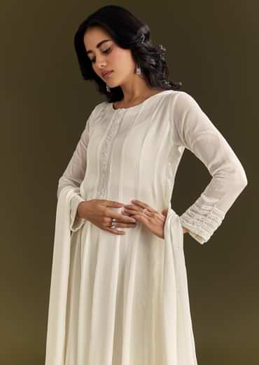 White Chinon Beaded Sequin Anarkali Suit With Dupatta