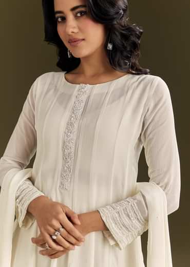 White Chinon Beaded Sequin Anarkali Suit With Dupatta