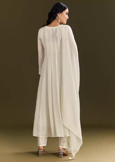 White Chinon Beaded Sequin Anarkali Suit With Dupatta