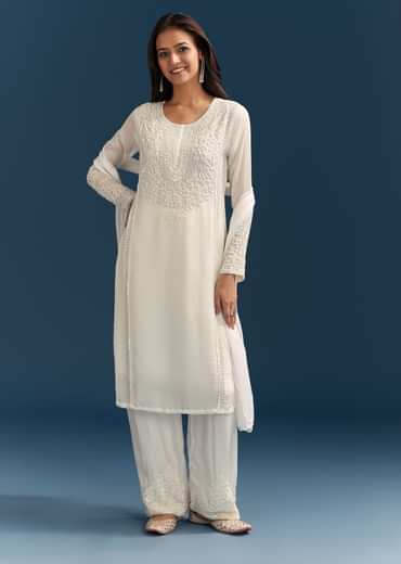 White Chinon Kurta Set With Sequins And Cut Dana Work