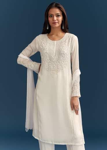 White Chinon Kurta Set With Sequins And Cut Dana Work