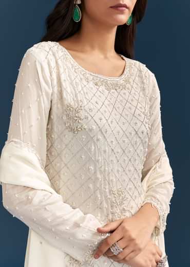 White Chinon Sharara Suit With Sequins Moti And Cut Dana Detailing