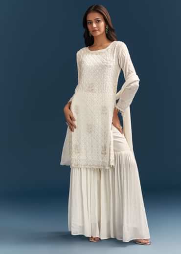 White Chinon Sharara Suit With Sequins Moti And Cut Dana Detailing
