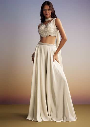 White Crepe Crop Top Set With Sequins Work And Dupatta