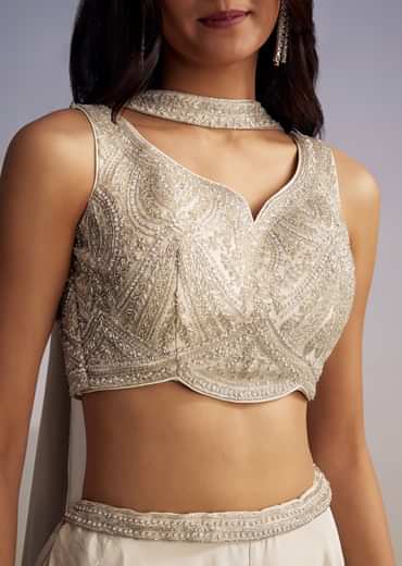 White Crepe Crop Top Set With Sequins Work And Dupatta