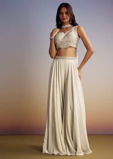 White Crepe Crop Top Set With Sequins Work And Dupatta