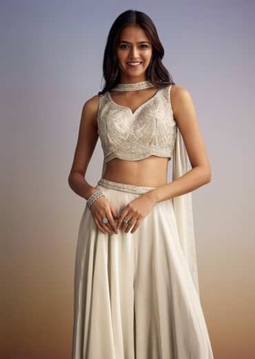 White Crepe Crop Top Set With Sequins Work And Dupatta