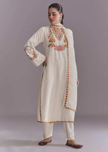 White Crepe Kurta Set With Multicolour Resham Work
