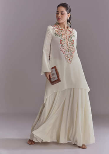 White Crepe Palazzo Suit With Thread And Resham Work