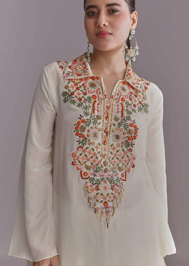 White Crepe Palazzo Suit With Thread And Resham Work