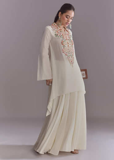 White Crepe Palazzo Suit With Thread And Resham Work
