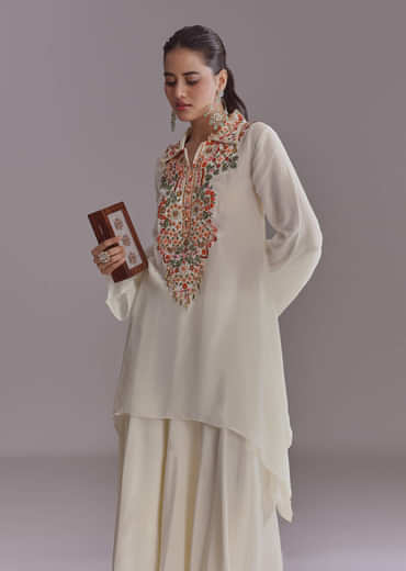 White Crepe Palazzo Suit With Thread And Resham Work