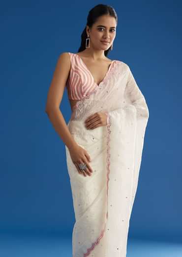 White Crepe Silk Saree With Mirror Scallop Border And Pink Contrast Blouse