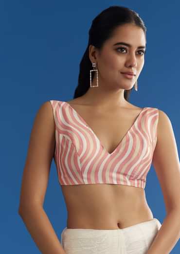 White Crepe Silk Saree With Mirror Scallop Border And Pink Contrast Blouse