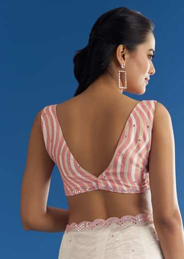 White Crepe Silk Saree With Mirror Scallop Border And Pink Contrast Blouse