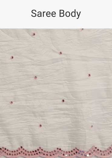 White Crepe Silk Saree With Mirror Scallop Border And Pink Contrast Blouse
