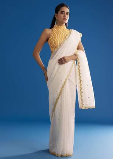 White Crepe Silk Saree With Mirror Scallop Contrast Border And Yellow Blouse