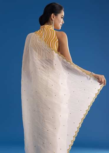White Crepe Silk Saree With Mirror Scallop Contrast Border And Yellow Blouse