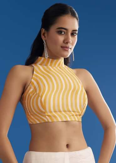 White Crepe Silk Saree With Mirror Scallop Contrast Border And Yellow Blouse