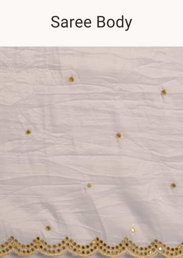 White Crepe Silk Saree With Mirror Scallop Contrast Border And Yellow Blouse