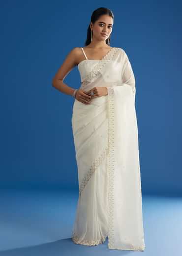 White Crepe Tissue Saree With Moti Beads And Cutdana Embroidery