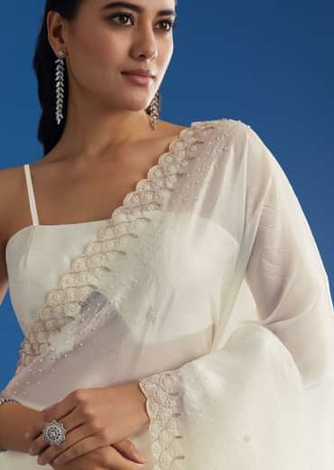 White Crepe Tissue Saree With Moti Beads And Cutdana Embroidery