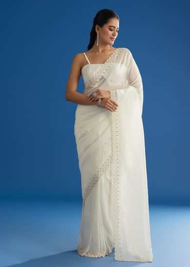 White Crepe Tissue Saree With Moti Beads And Cutdana Embroidery
