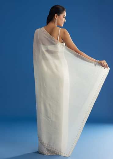 White Crepe Tissue Saree With Moti Beads And Cutdana Embroidery