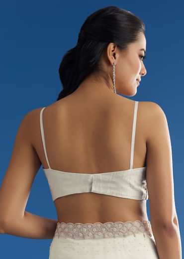 White Crepe Tissue Saree With Moti Beads And Cutdana Embroidery