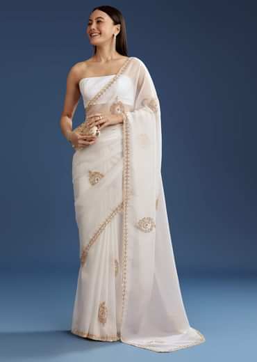 White Crushed Tissue Cutdana And Sequin Embroidered Saree