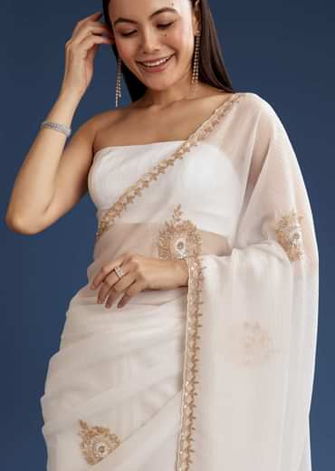White Crushed Tissue Cutdana And Sequin Embroidered Saree