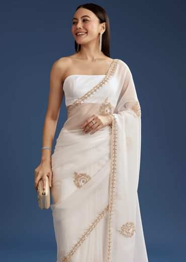 White Crushed Tissue Cutdana And Sequin Embroidered Saree