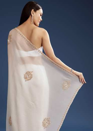White Crushed Tissue Cutdana And Sequin Embroidered Saree