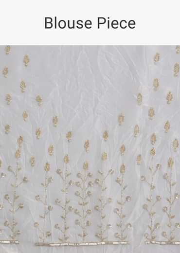 White Crushed Tissue Saree With Stones And Sequins Embroidery And Scallop Border