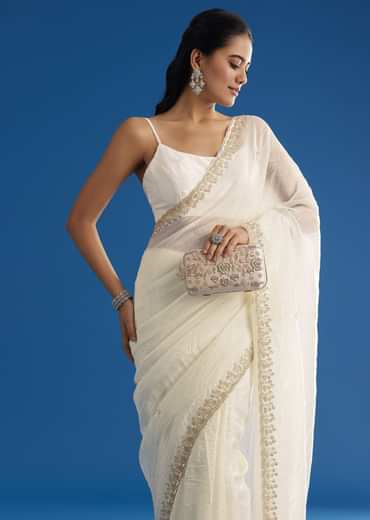White Crushed Tissue Saree With Stones And Sequins Embroidery And Scallop Border