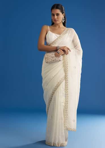 White Crushed Tissue Saree With Stones And Sequins Embroidery And Scallop Border