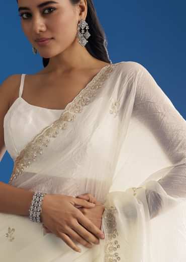 White Crushed Tissue Saree With Stones And Sequins Embroidery And Scallop Border