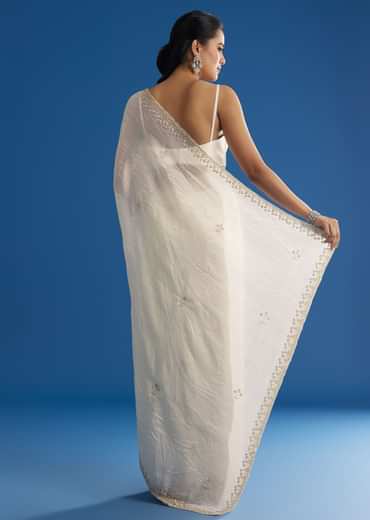 White Crushed Tissue Saree With Stones And Sequins Embroidery And Scallop Border