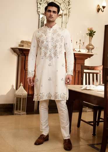 White Embroidered Mirror Work Kurta Set For Men