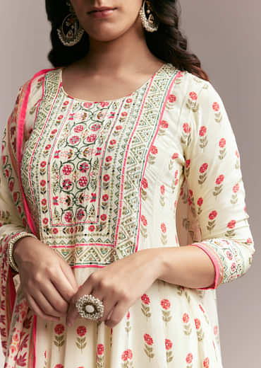 White Floral Printed Anarkali Set