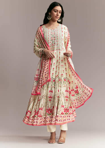 White Floral Printed Anarkali Set