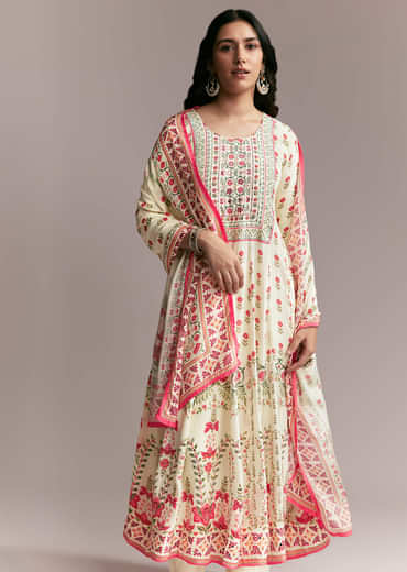 White Floral Printed Anarkali Set