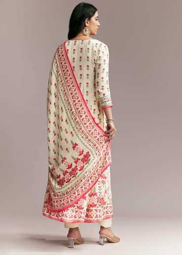 White Floral Printed Anarkali Set